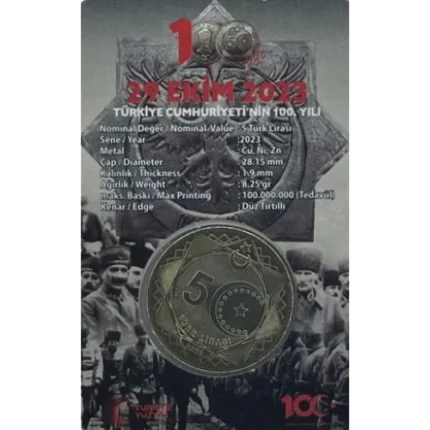 2023 REPUBLIC 100TH ANNIVERSARY COMMEMORATIVE COIN 5 TL UNC FOLDER
